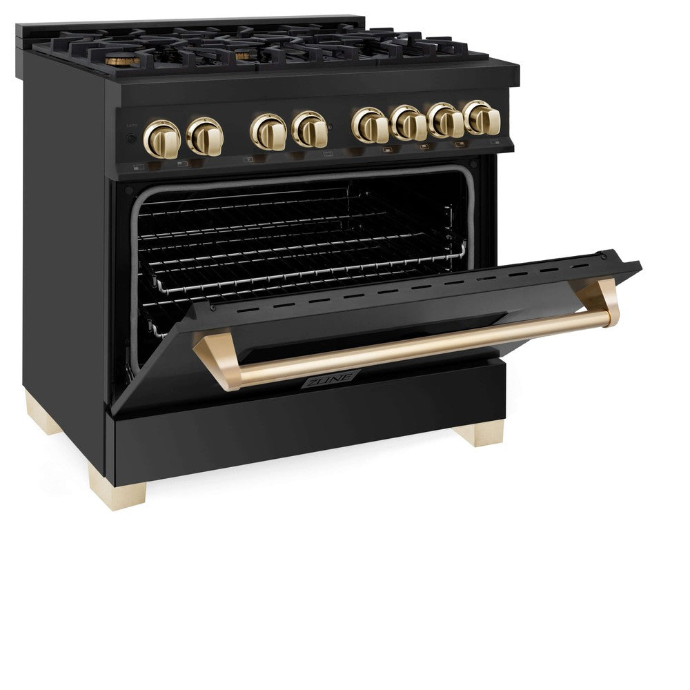 ZLINE Autograph Edition 36" Black Stainless Steel Dual Fuel Range with Polished Gold accents (RABZ-36-G) side, oven door open.