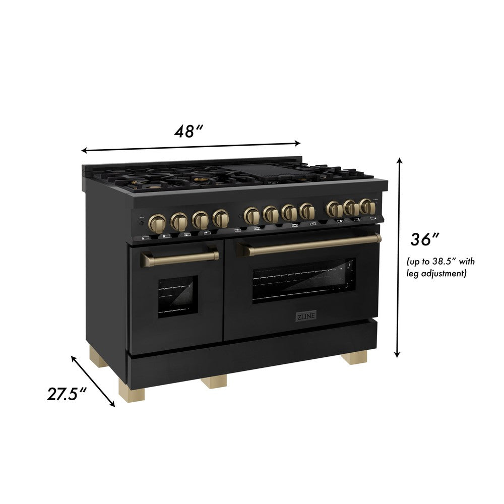 ZLINE Autograph Edition 48 in. 6.0 cu. ft. Dual Fuel Range with Gas Stove and Electric Oven in Black Stainless Steel with Accents (RABZ-48) Dimensions and Measurements 