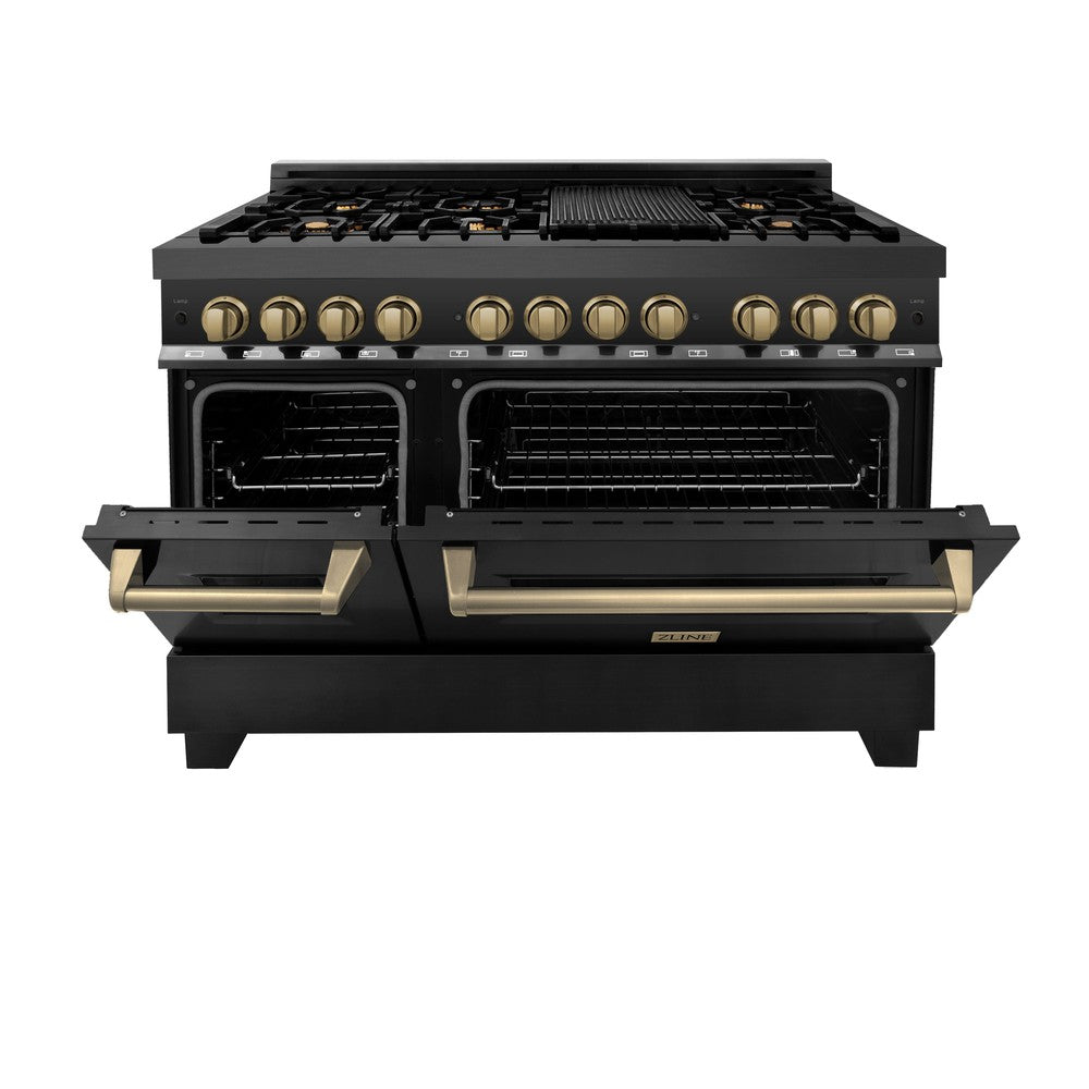 ZLINE Autograph Edition 48 in. Dual Fuel Range in Black Stainless Steel with Champagne Bronze accents front with double oven doors halfway open.
