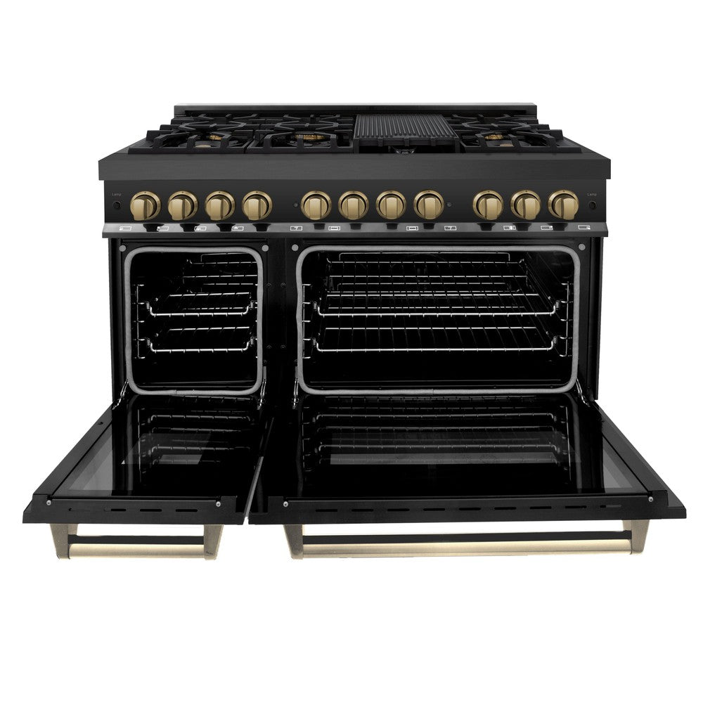 ZLINE Autograph Edition 48 in. Dual Fuel Range in Black Stainless Steel with Champagne Bronze accents front with double oven doors open.