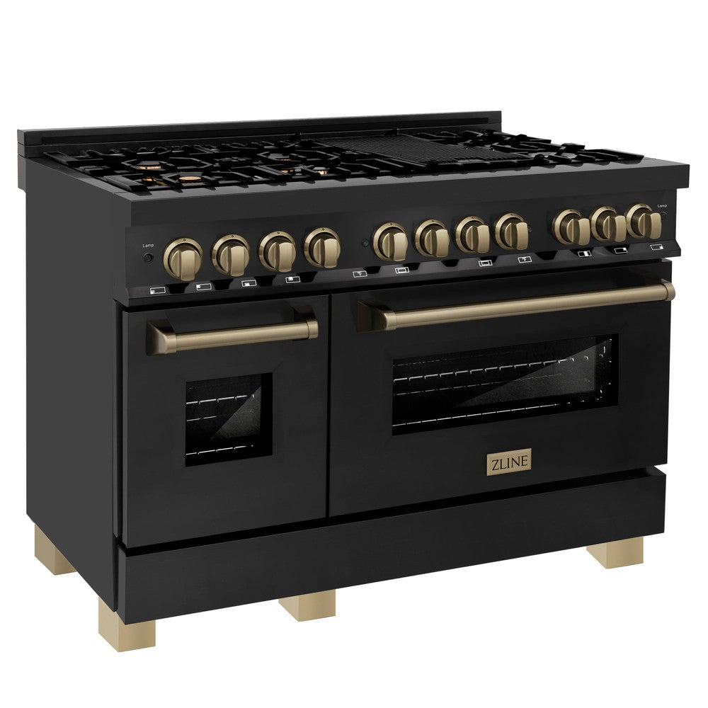 ZLINE Autograph Edition 48 in. 6.0 cu. ft. Dual Fuel Range with Gas Stove and Electric Oven in Black Stainless Steel with Accents (RABZ-48) Included In Kitchen Package