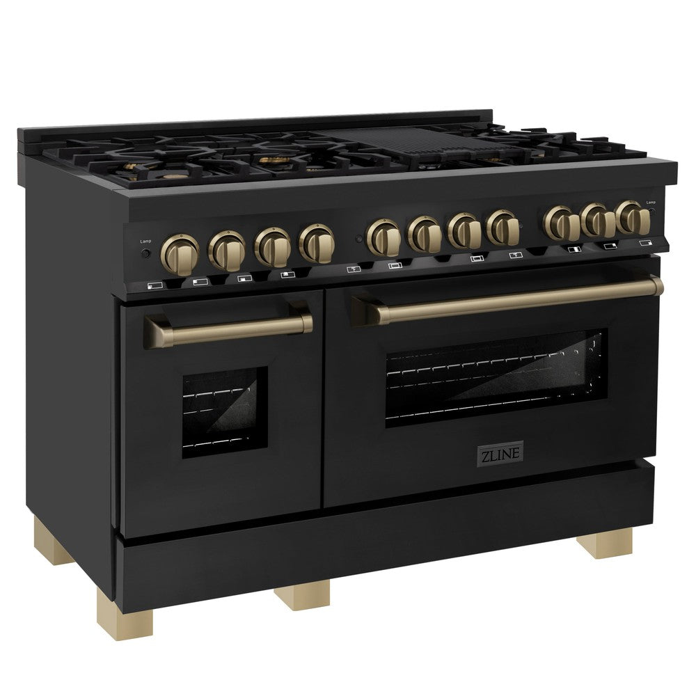ZLINE Autograph Edition 48 in. Dual Fuel Range in Black Stainless Steel with Champagne Bronze accents.