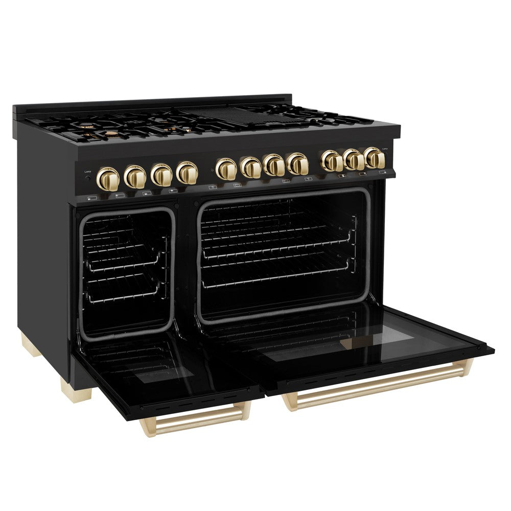 ZLINE Autograph Edition 48" Black Stainless Steel Dual Fuel Range with Polished Gold accents (RABZ-48-G) side, oven doors open.
