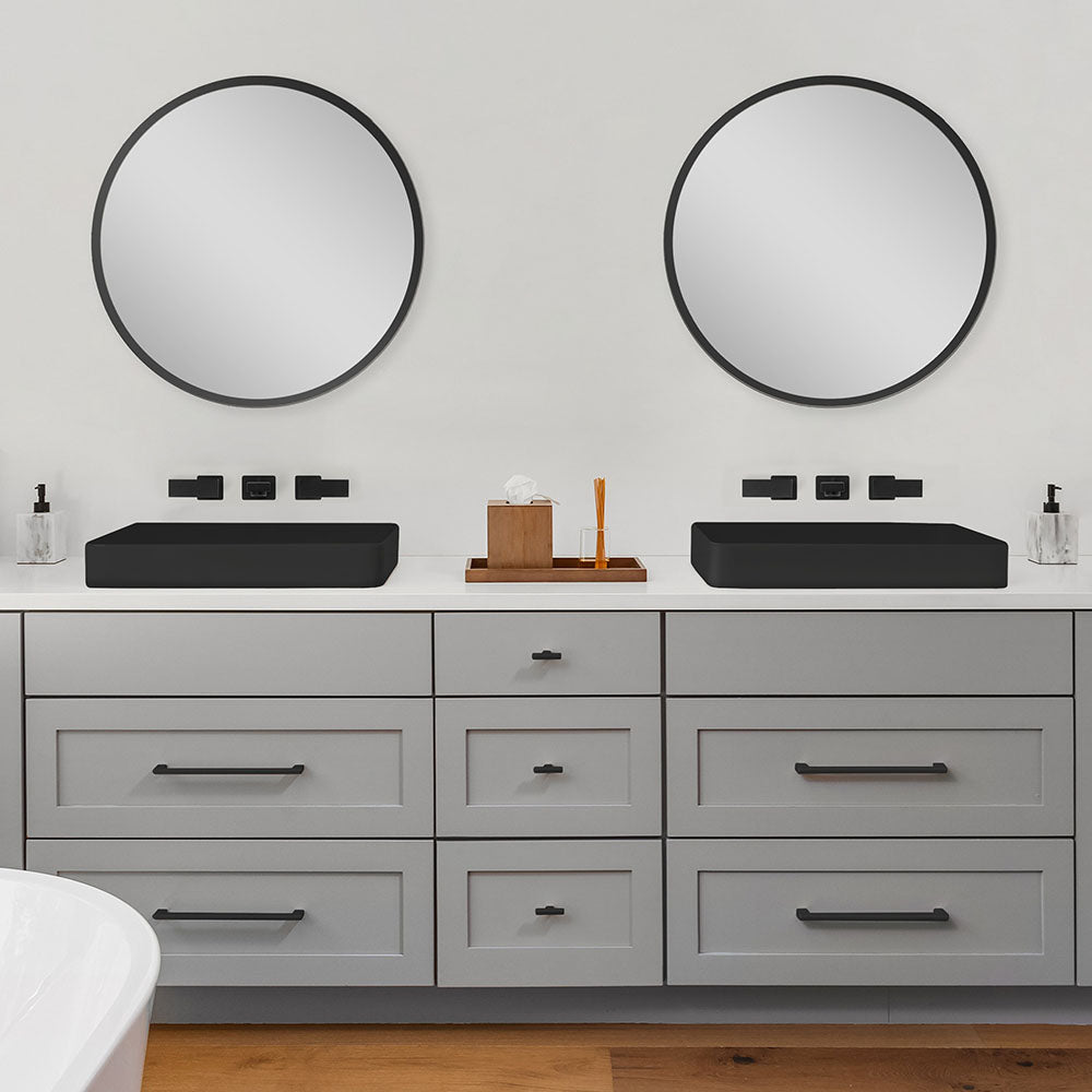 Two Matte Black bliss wall mount faucets over double vanity in luxury bathroom