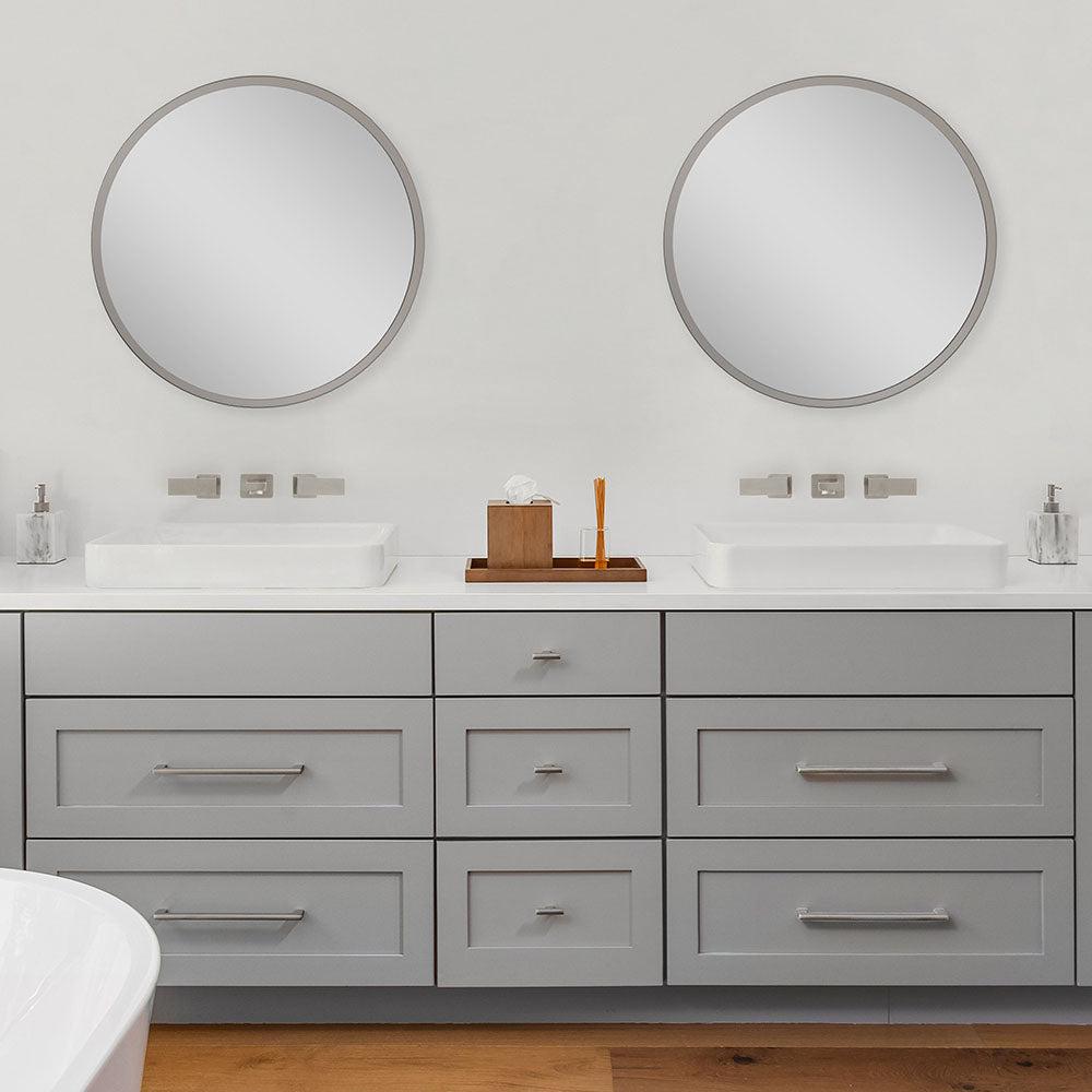 ZLINE Bliss Wall Mount Bath Faucet (BLS-BFW) Brushed Nickel over a double vanity in a luxury bathroom