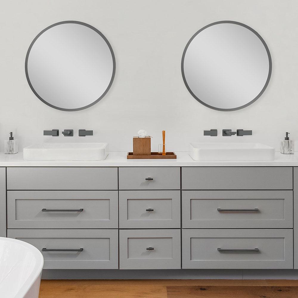 ZLINE Bliss Wall Mount Bath Faucet (BLS-BFW) Gun Metal over a double vanity in a luxury bathroom