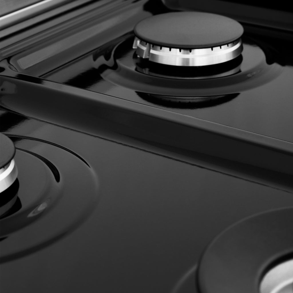 ZLINE burners on black porcelain one-piece cooktop without grates.