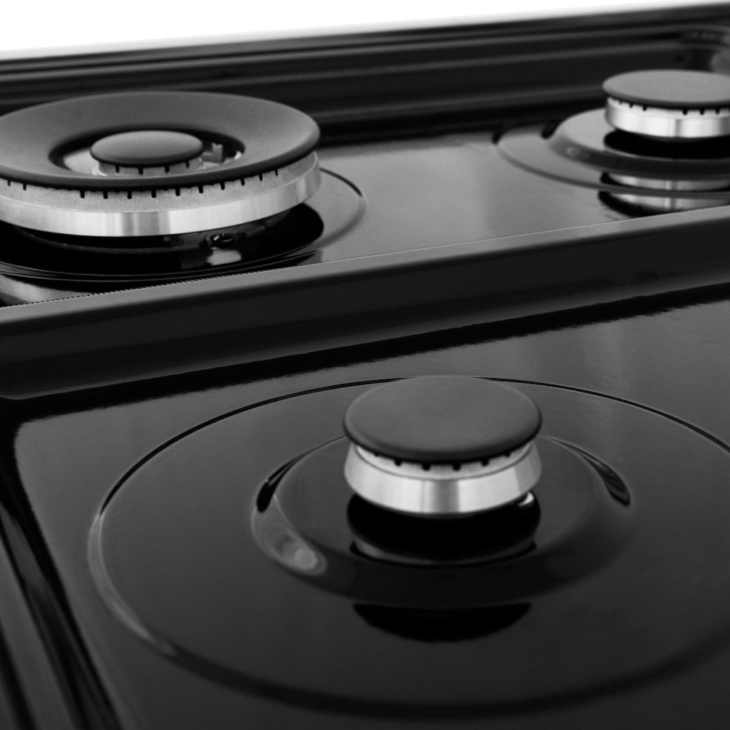 ZLINE burners on black porcelain one-piece cooktop without grates.