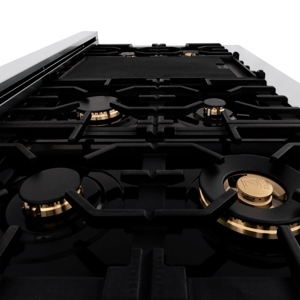 ZLINE brass burners on black porcelain cooktop.