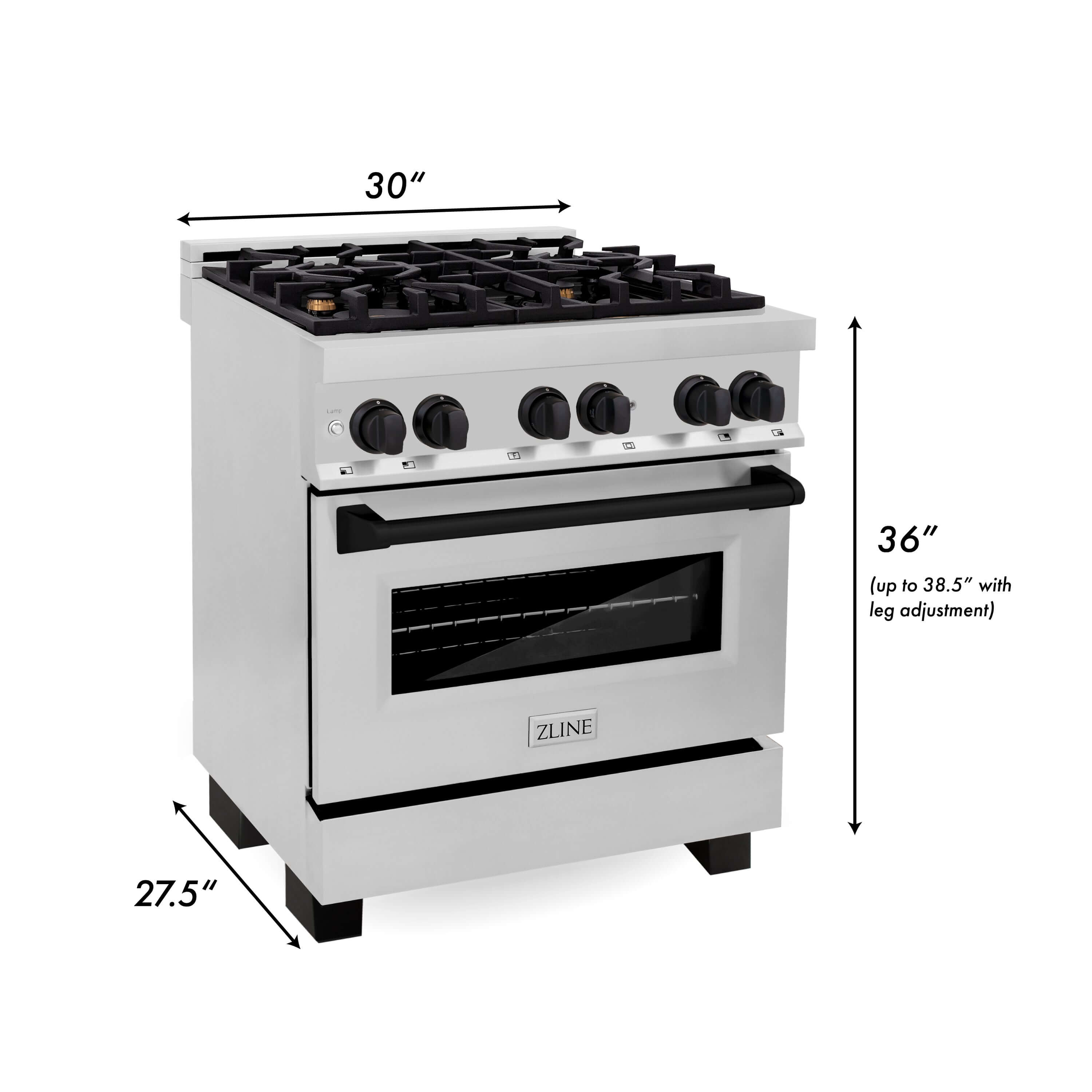 ZLINE Autograph Edition Kitchen Package in Stainless Steel with 30 in. Dual Fuel Range, 30 in. Range Hood, and 24 in. Dishwasher with Matte Black Accents (3AKP-RARHDWM30-MB) dimensional diagram with measurements.