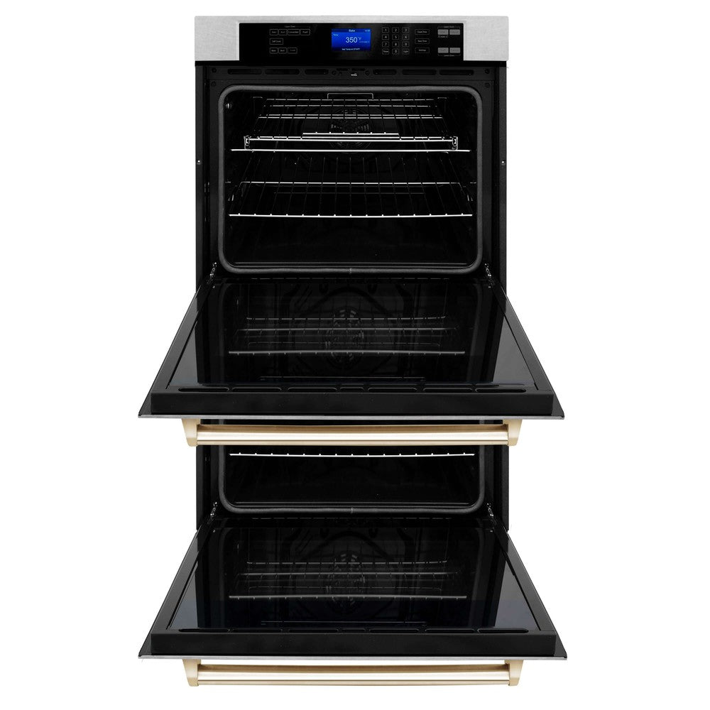 ZLINE 30 in. Autograph Edition Electric Double Wall Oven with Self Clean and True Convection in DuraSnow Stainless Steel and Polished Gold Accents (AWDSZ-30-G)