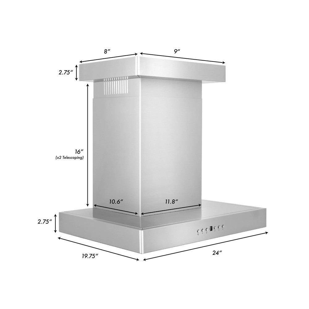 ZLINE Convertible Vent Wall Mount Range Hood in Stainless Steel with Crown Molding (KECRN) dimensional diagram and measurements.