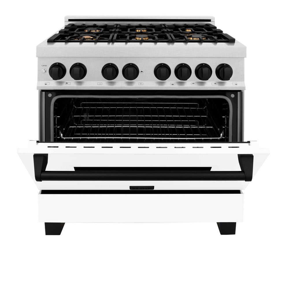 ZLINE 36 in. Autograph Edition Kitchen Package with Stainless Steel Dual Fuel Range with White Matte Door and Range Hood with Matte Black Accents (2AKP-RAWMRH36-MB)