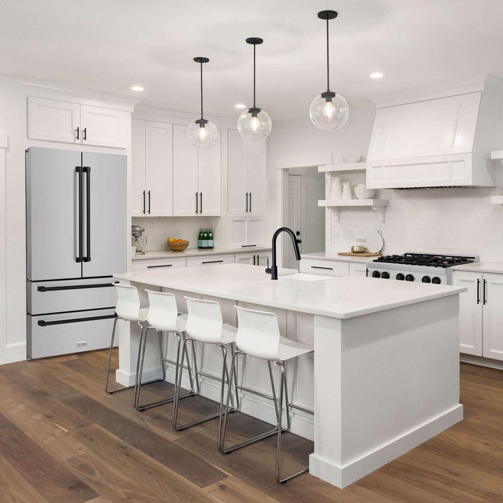ZLINE Autograph Edition 36 in. 22.5 cu. ft Freestanding French Door Refrigerator with Ice Maker in Fingerprint Resistant Stainless Steel with Matte Black Accents (RFMZ-36-MB) in a white luxury kitchen with white marble counters from side.