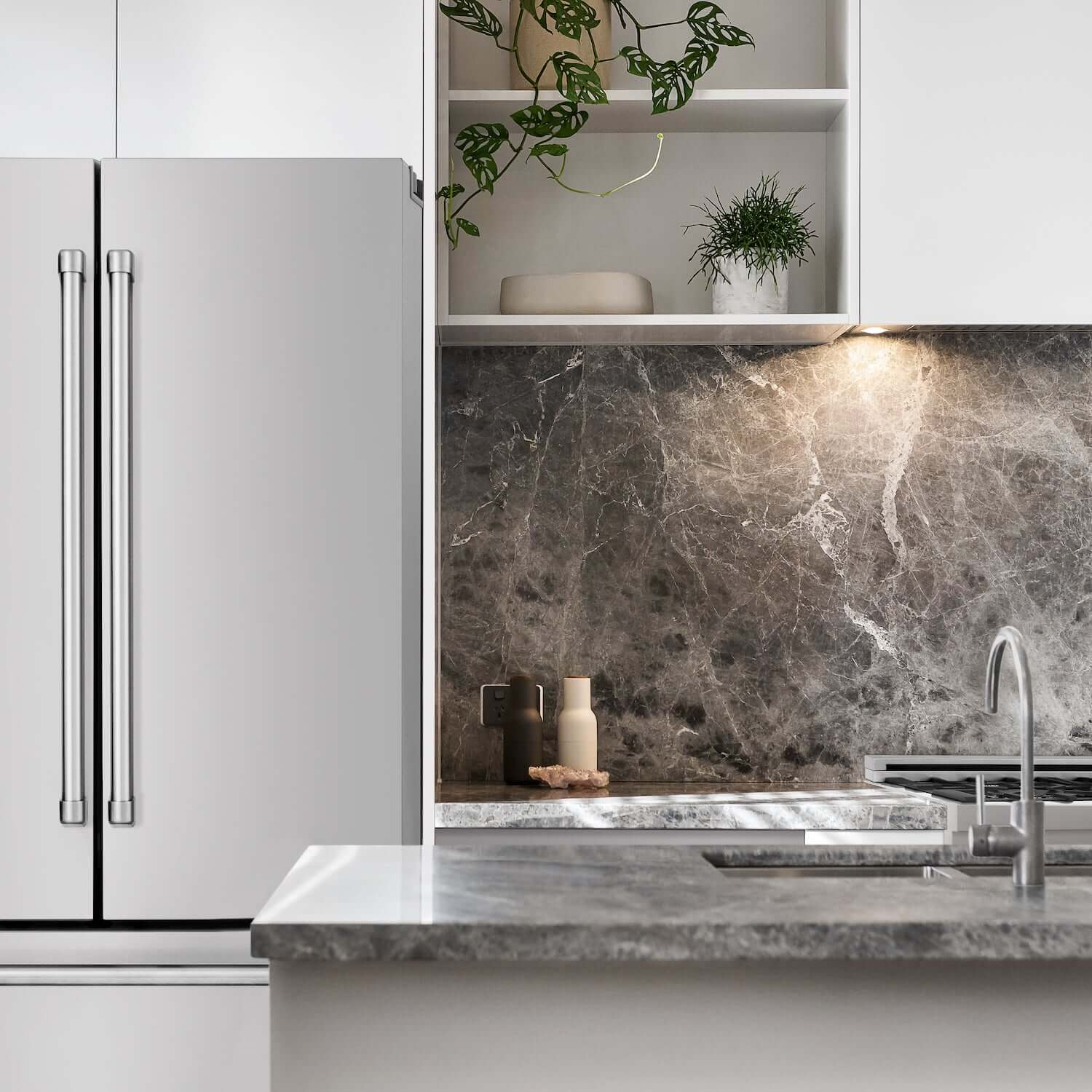 ZLINE 36 in. Freestanding Counter-depth French Door Refrigerator in a modern-style kitchen with stone backsplash.