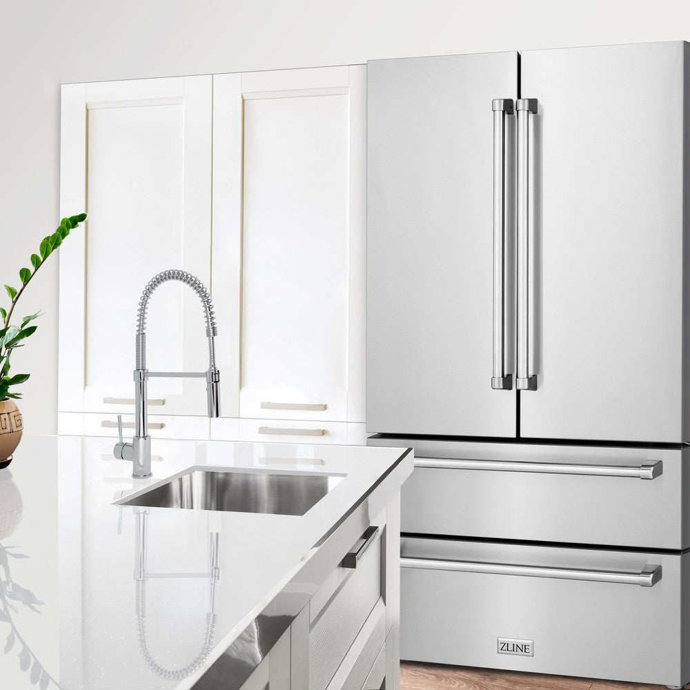 ZLINE 36 in. Freestanding French Door Refrigerator with Ice Maker in Fingerprint Resistant Stainless Steel (RFM-36) in Modern Cottage Style Kitchen