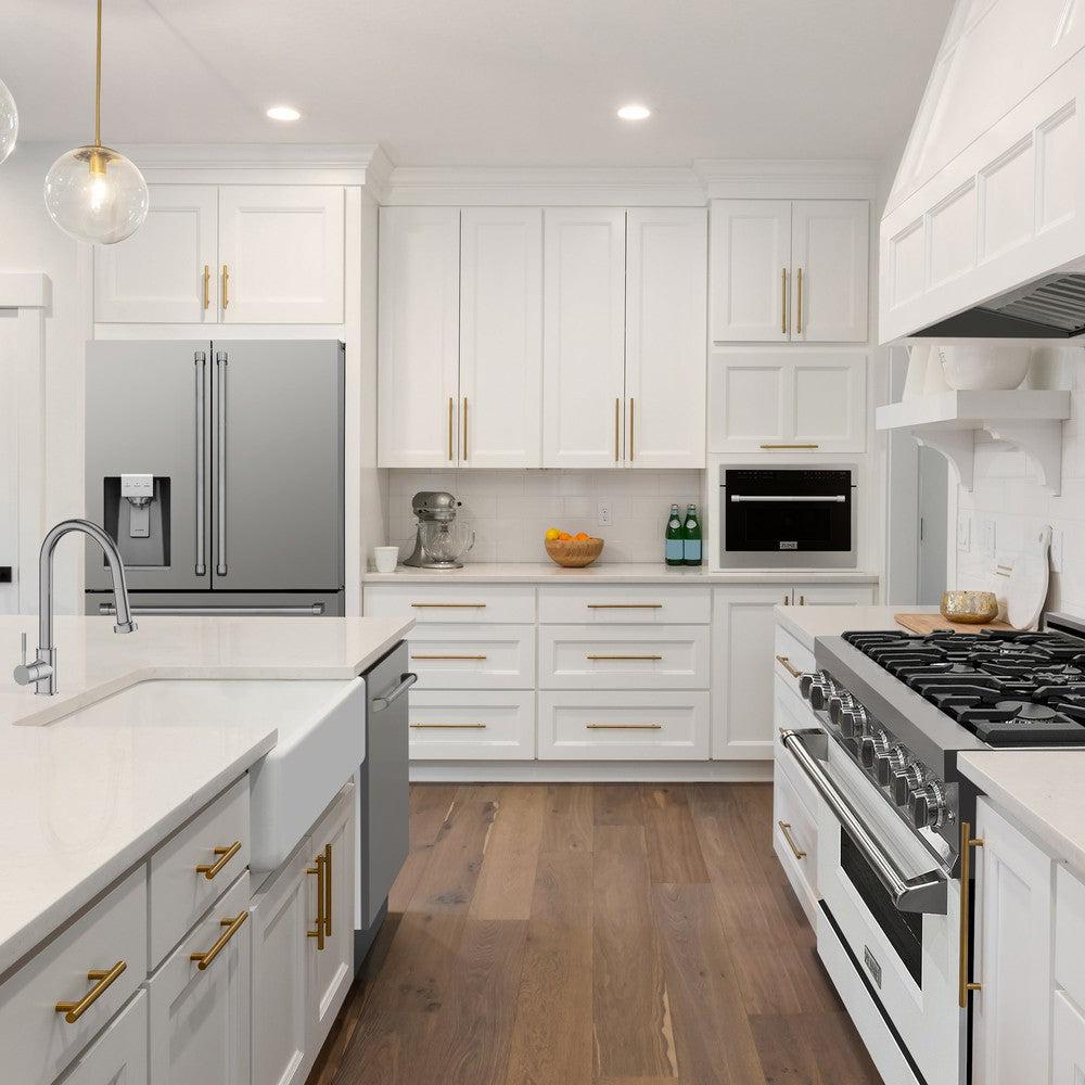 ZLINE 36 in. 21.6 cu. ft Freestanding French Door Fingerprint Resistant Refrigerator with Water and Ice Dispenser and Filter (RFM-W-WF-36) in a white luxury kitchen with white marble counters from front.