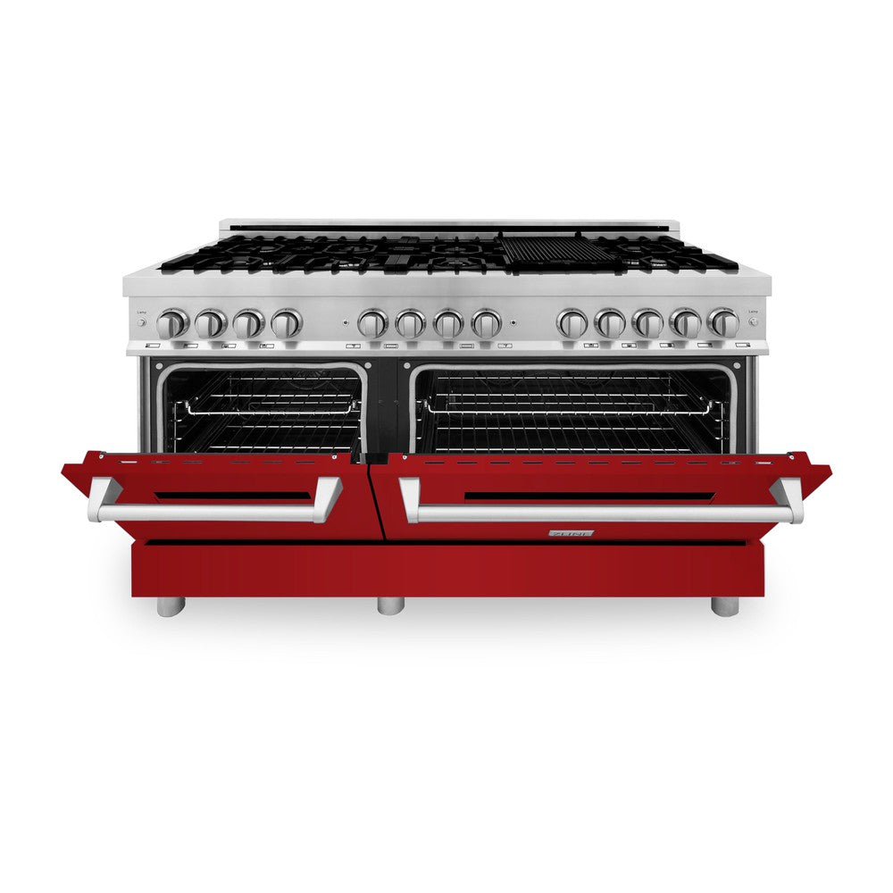 ZLINE 60 in. 7.4 cu. ft. Dual Fuel Range with Gas Stove and Electric Oven in Stainless Steel with Red Gloss Doors (RA-RG-60) front, oven half open.
