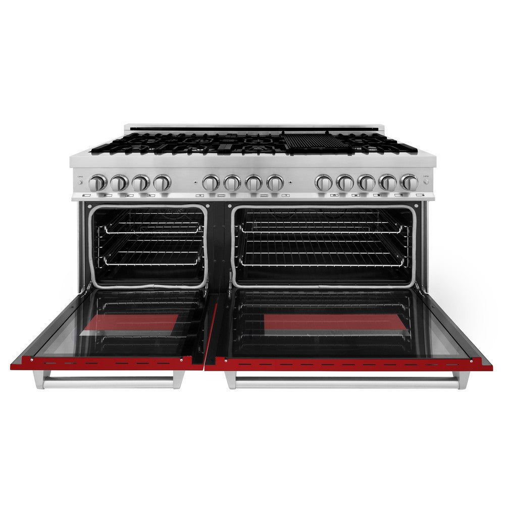 ZLINE 60 in. 7.4 cu. ft. Dual Fuel Range with Gas Stove and Electric Oven in Stainless Steel with Red Gloss Doors (RA-RG-60) front, oven open.