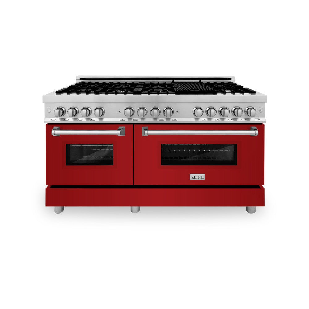 ZLINE 60 in. 7.4 cu. ft. Dual Fuel Range with Gas Stove and Electric Oven in Stainless Steel with Red Gloss Doors (RA-RG-60) front, oven closed.