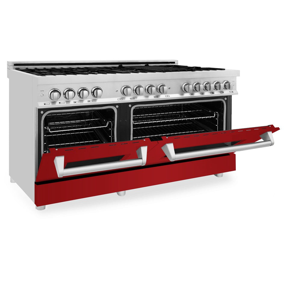 ZLINE 60 in. 7.4 cu. ft. Dual Fuel Range with Gas Stove and Electric Oven in Stainless Steel with Red Gloss Doors (RA-RG-60) side, oven half open.