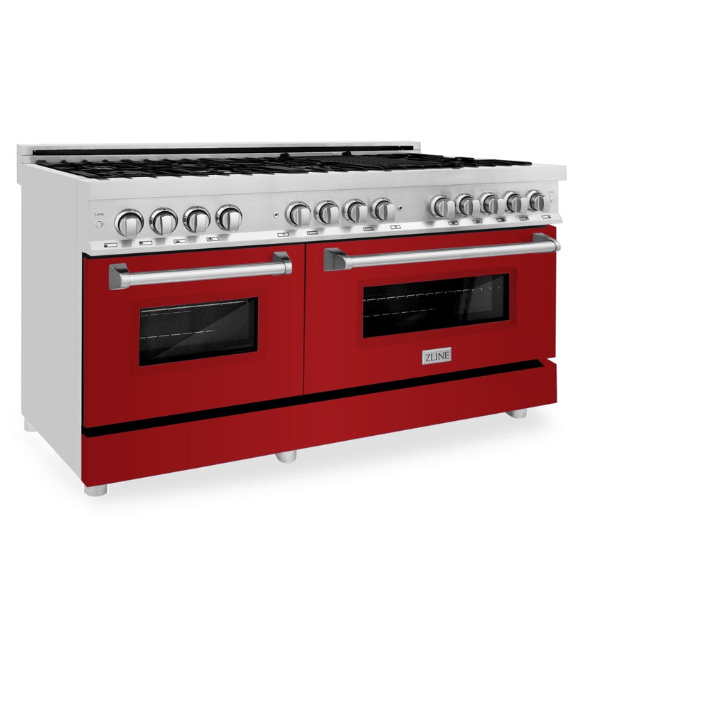 ZLINE 60 in. 7.4 cu. ft. Dual Fuel Range with Gas Stove and Electric Oven in Stainless Steel with Red Gloss Doors (RA-RG-60) side, oven closed.
