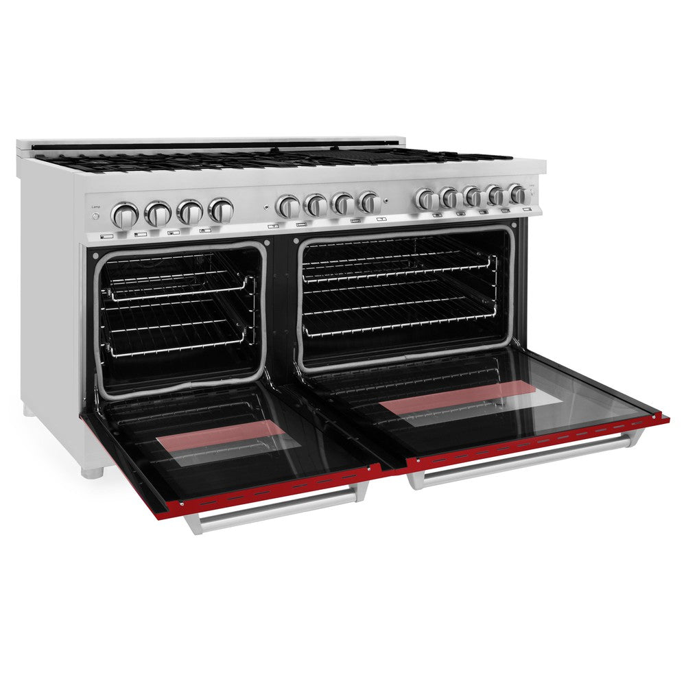 ZLINE 60 in. 7.4 cu. ft. Dual Fuel Range with Gas Stove and Electric Oven in Stainless Steel with Red Gloss Doors (RA-RG-60) side, oven open.