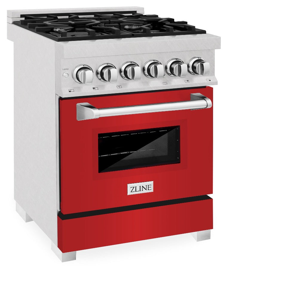 ZLINE 24 in. Professional Dual Fuel Range in Fingerprint Resistant Stainless Steel with Red Matte Door (RAS-RM-24) side, oven closed.