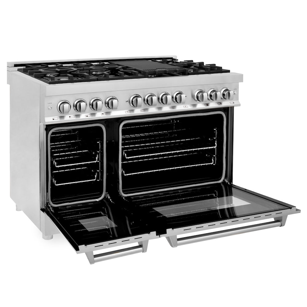 ZLINE 48 in. Professional Dual Fuel Range in Stainless Steel (RA48) side, oven open.