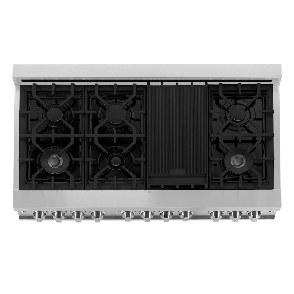 ZLINE 48" Stainless Steel Dual Fuel Range (RA48) From above, showing 7-burner gas cooktop and griddle