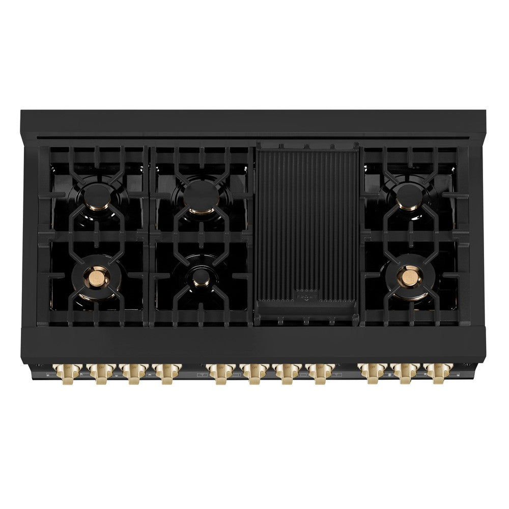 ZLINE Autograph Edition 48" Black Stainless Steel Dual Fuel Range with Polished Gold accents (RABZ-48-G) from above showing 7-burner gas cooktop.