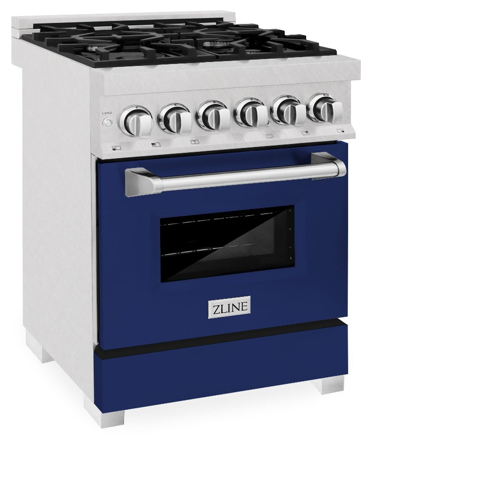 ZLINE 24 in. Professional Dual Fuel Range in Fingerprint Resistant Stainless Steel with Blue Gloss Door (RAS-BG-24) side, oven closed.