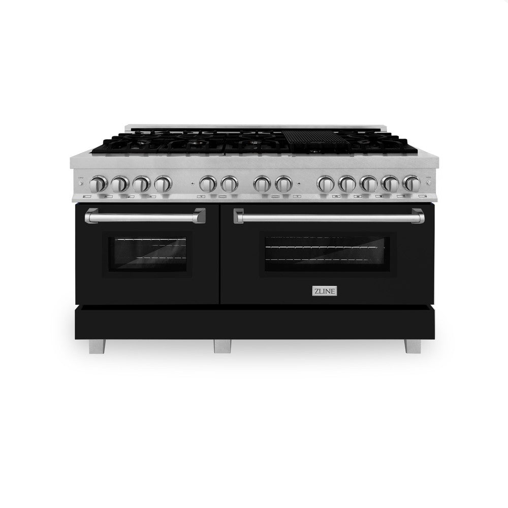 ZLINE 60 In. Professional Dual Fuel Range in DuraSnow® Stainless Steel with Black Matte Doors (RAS-BLM-60) front, oven closed.