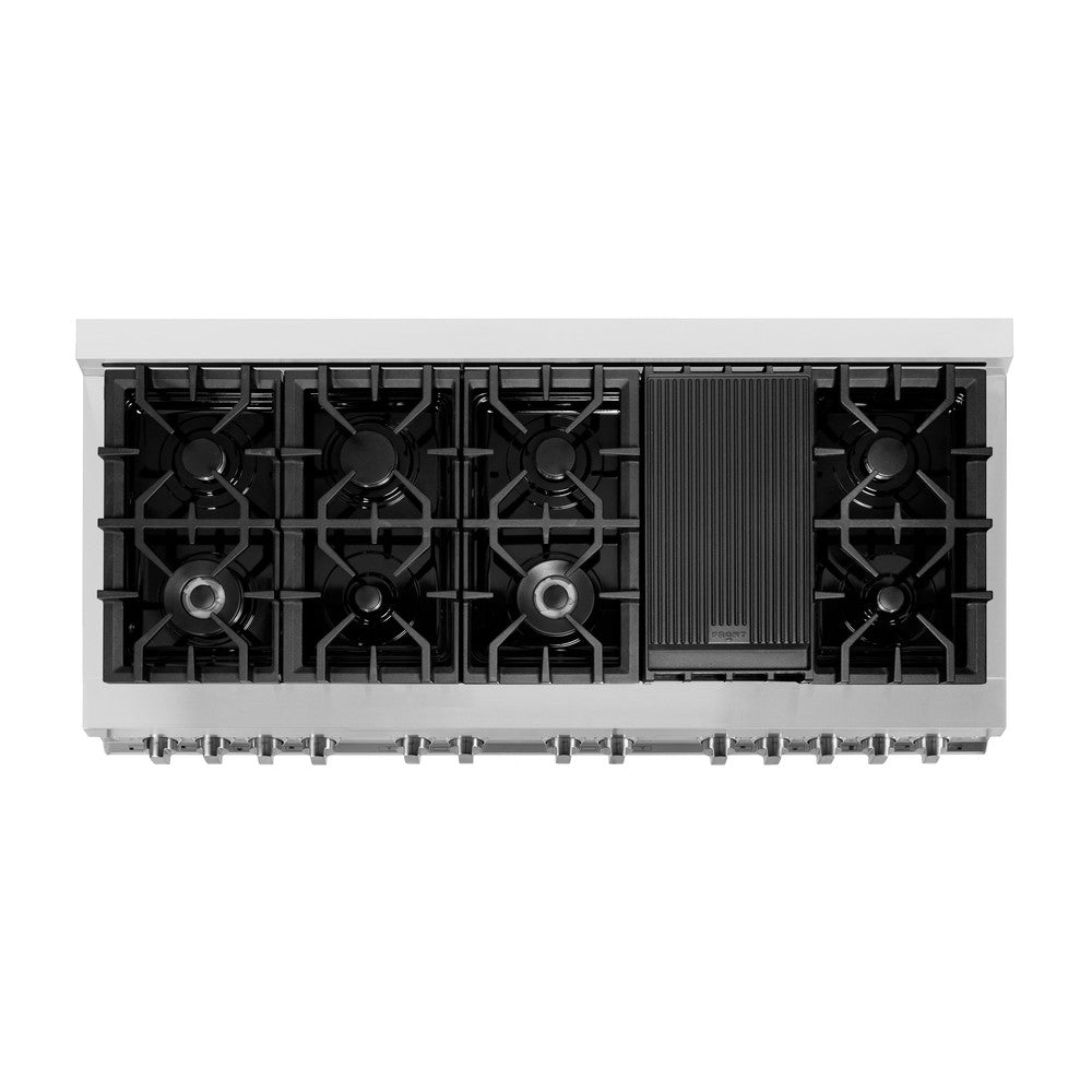ZLINE 60 In. Professional Dual Fuel Range in DuraSnow® Stainless Steel with Black Matte Doors (RAS-BLM-60) from above showing cooktop.