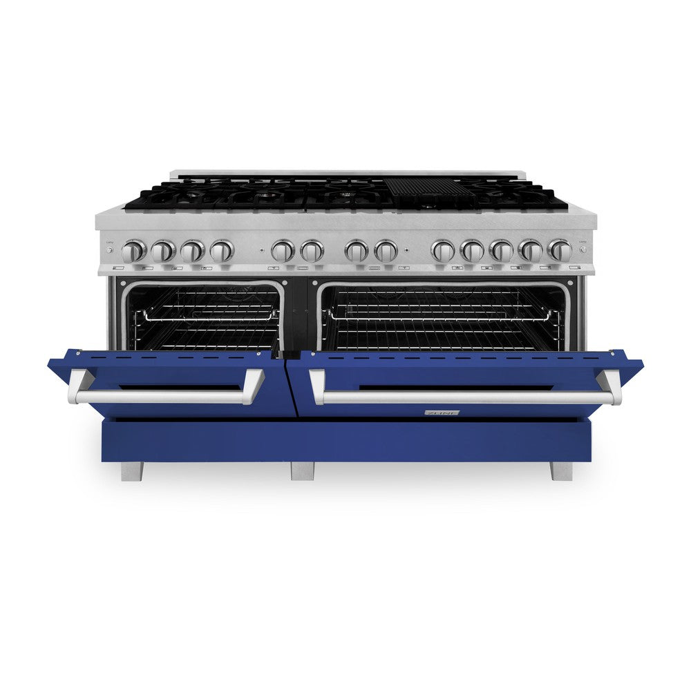 ZLINE 60 in. 7.4 cu. ft. Dual Fuel Range with Gas Stove and Electric Oven in Fingerprint Resistant Stainless Steel with Blue Matte Doors (RAS-BM-60) front, oven half open.