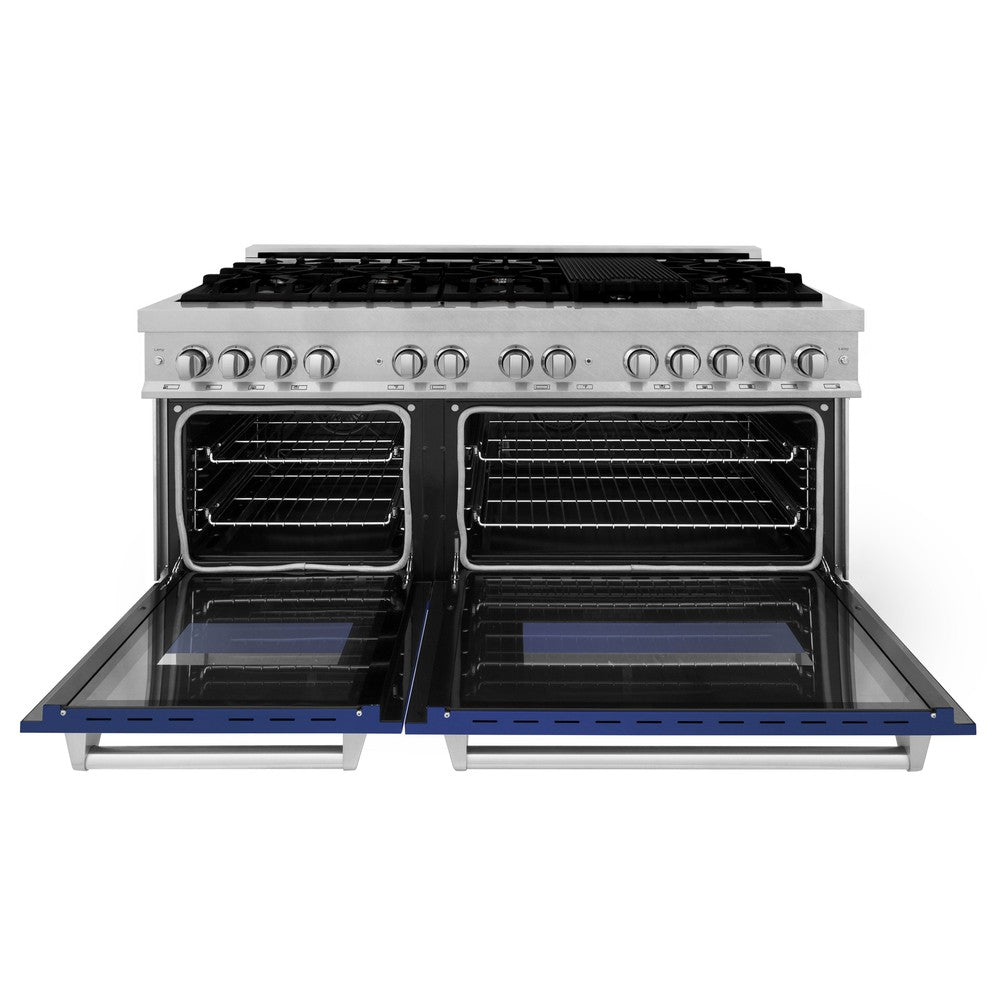 ZLINE 60 in. 7.4 cu. ft. Dual Fuel Range with Gas Stove and Electric Oven in Fingerprint Resistant Stainless Steel with Blue Matte Doors (RAS-BM-60) front, oven open.