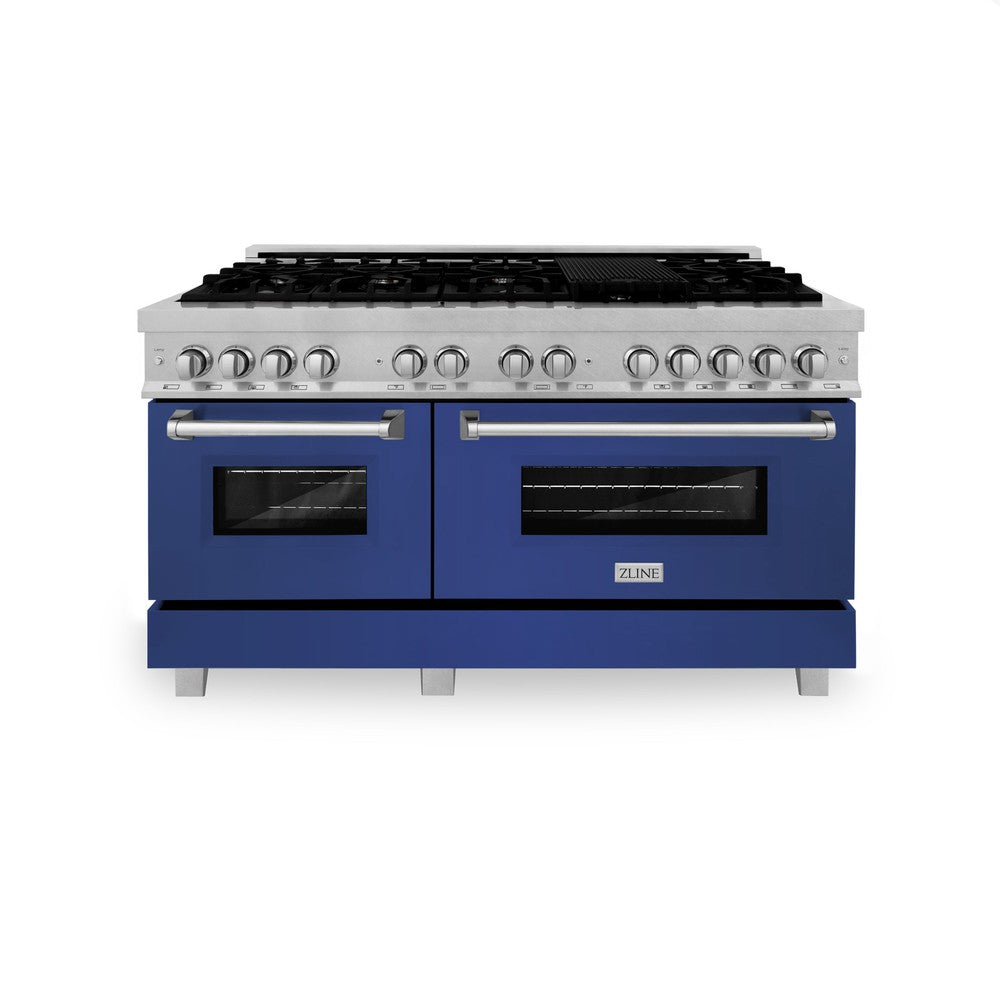 ZLINE 60 in. 7.4 cu. ft. Dual Fuel Range with Gas Stove and Electric Oven in Fingerprint Resistant Stainless Steel with Blue Matte Doors (RAS-BM-60) front, oven closed.