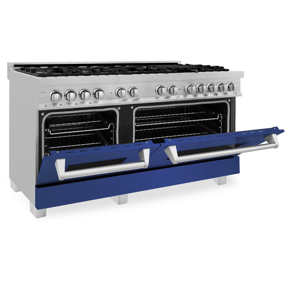ZLINE 60 in. 7.4 cu. ft. Dual Fuel Range with Gas Stove and Electric Oven in Fingerprint Resistant Stainless Steel with Blue Matte Doors (RAS-BM-60) side, oven half open.