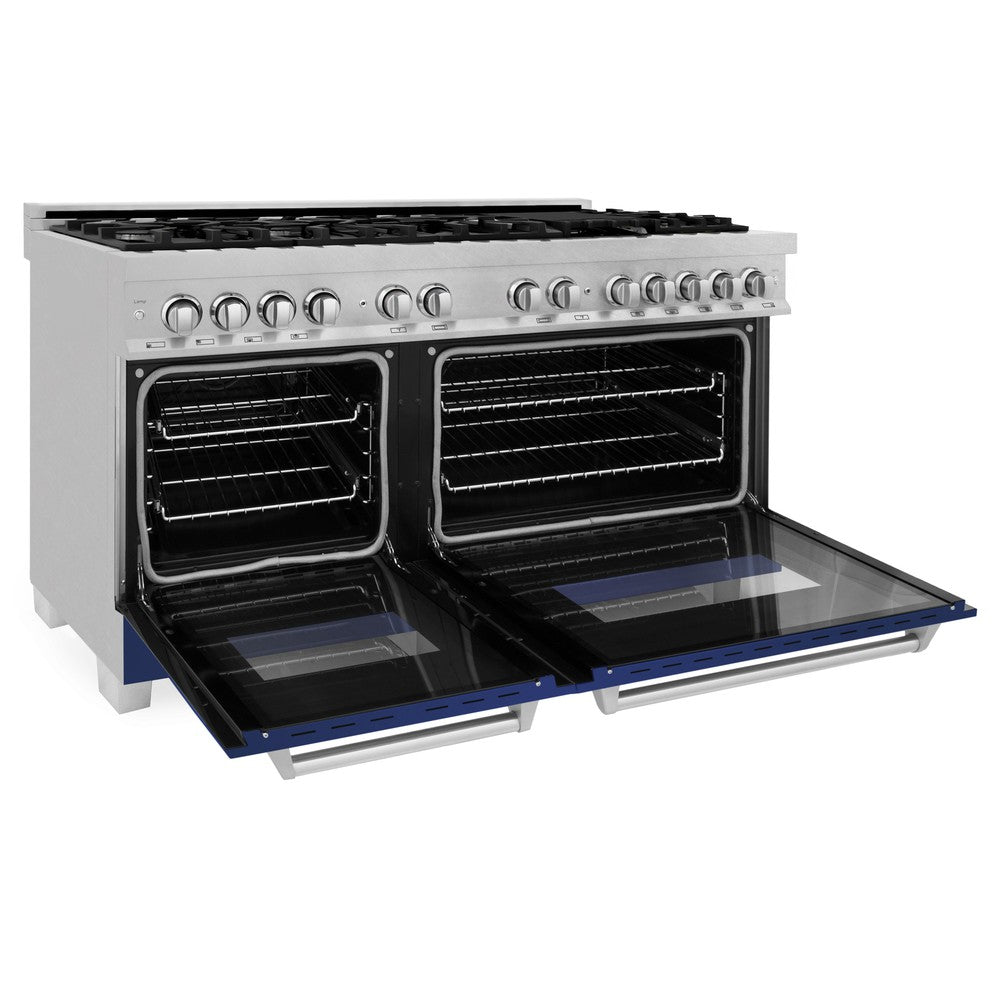 ZLINE 60 in. 7.4 cu. ft. Dual Fuel Range with Gas Stove and Electric Oven in Fingerprint Resistant Stainless Steel with Blue Matte Doors (RAS-BM-60) side, oven open.