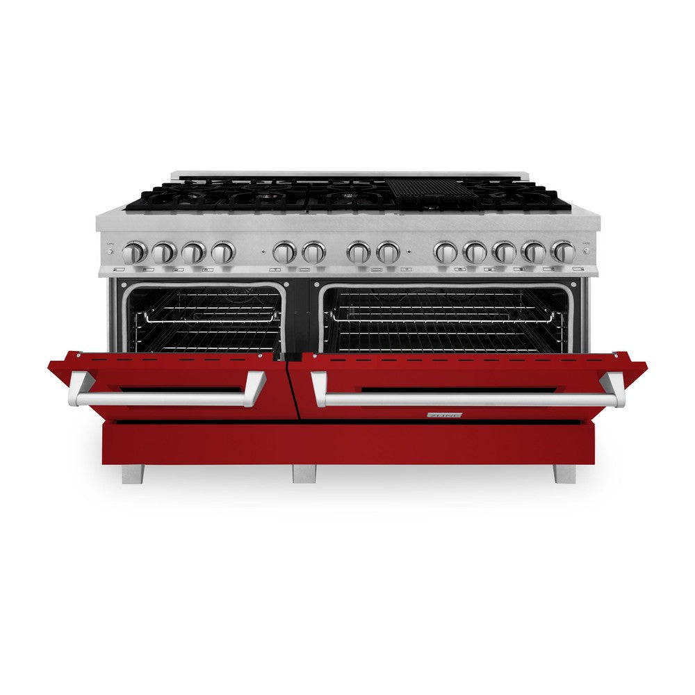 ZLINE 60 in. 7.4 cu. ft. Dual Fuel Range with Gas Stove and Electric Oven in Fingerprint Resistant Stainless Steel and Red Gloss Doors (RAS-RG-60) front, oven half open.