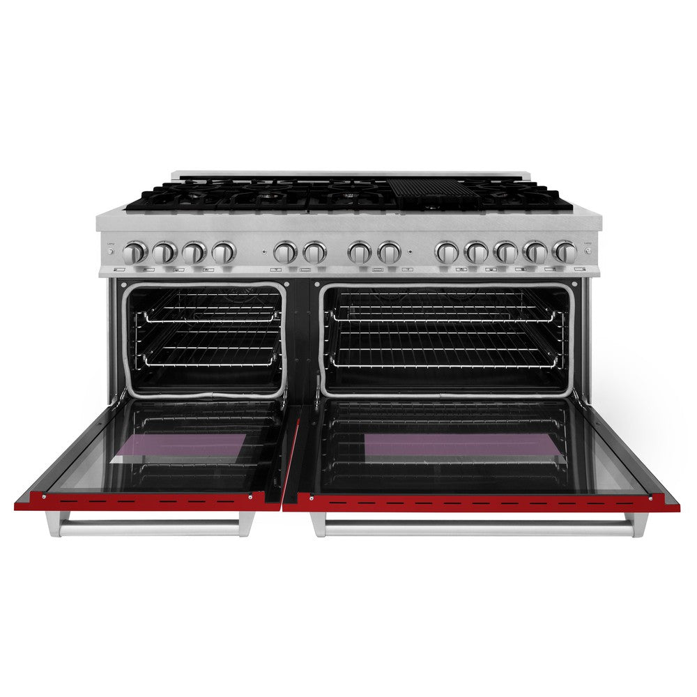 ZLINE 60 in. 7.4 cu. ft. Dual Fuel Range with Gas Stove and Electric Oven in Fingerprint Resistant Stainless Steel and Red Gloss Doors (RAS-RG-60) front, oven open.