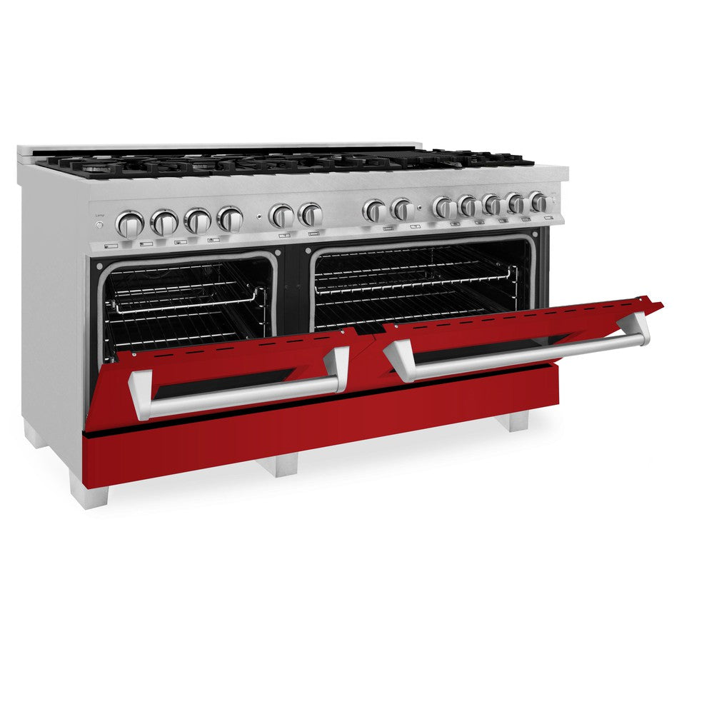 ZLINE 60 in. 7.4 cu. ft. Dual Fuel Range with Gas Stove and Electric Oven in Fingerprint Resistant Stainless Steel and Red Gloss Doors (RAS-RG-60) side, oven half open.