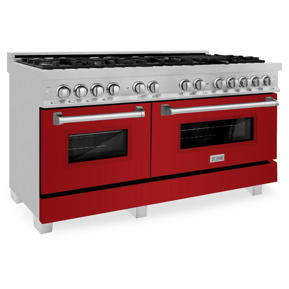 ZLINE 60 in. 7.4 cu. ft. Dual Fuel Range with Gas Stove and Electric Oven in Fingerprint Resistant Stainless Steel and Red Gloss Doors (RAS-RG-60)