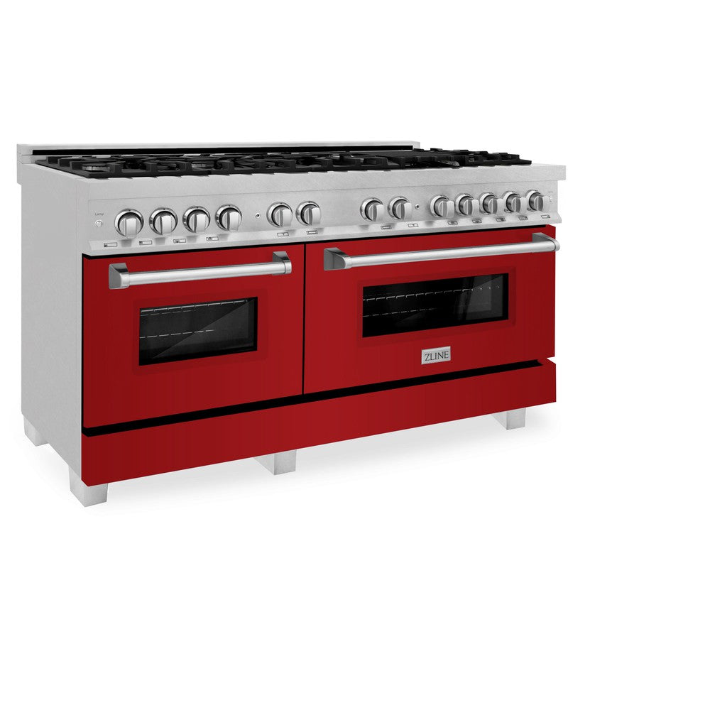 ZLINE 60 in. 7.4 cu. ft. Dual Fuel Range with Gas Stove and Electric Oven in Fingerprint Resistant Stainless Steel and Red Gloss Doors (RAS-RG-60) side, oven closed.