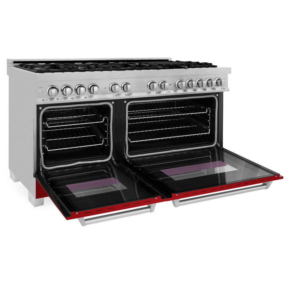 ZLINE 60 in. 7.4 cu. ft. Dual Fuel Range with Gas Stove and Electric Oven in Fingerprint Resistant Stainless Steel and Red Gloss Doors (RAS-RG-60) side, oven open.