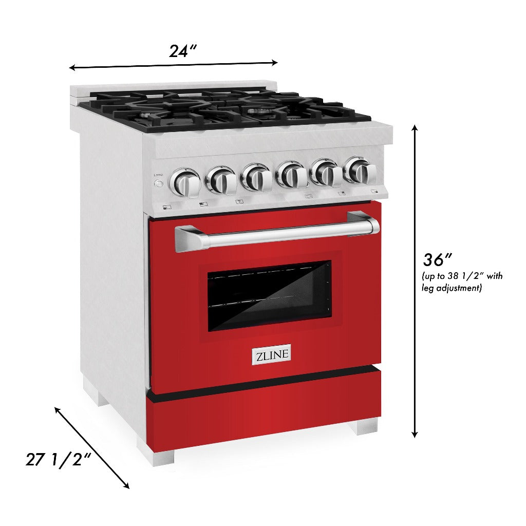 ZLINE 24 in. Professional Dual Fuel Range in Fingerprint Resistant Stainless Steel with Red Matte Door (RAS-RM-24) dimensional diagram with measurements.