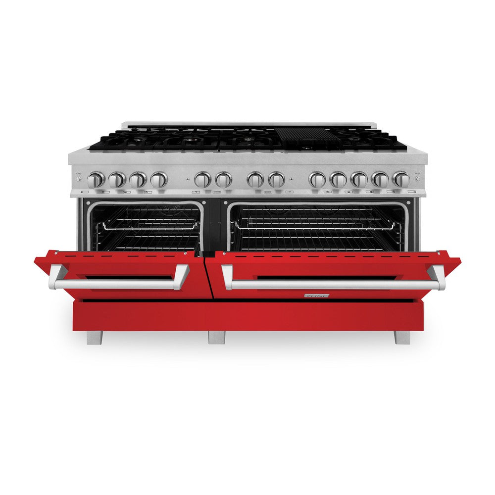 ZLINE 60 in. 7.4 cu. ft. Dual Fuel Range with Gas Stove and Electric Oven in Fingerprint Resistant Stainless Steel (RAS-SN-60) front, oven half open.