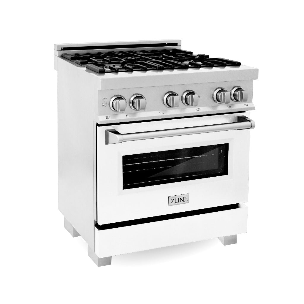 ZLINE 30 in. 4.0 cu. ft. Legacy Dual Fuel Range with 4 Burner Gas Cooktop and Electric Convection Oven in DuraSnow® Stainless Steel with White Matte Door and Griddle (RAS-WM-GR-30)