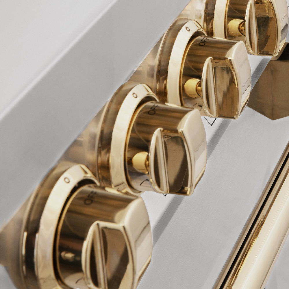 Polished Gold oven and cooktop knobs on ZLINE Autograph Edition Range.