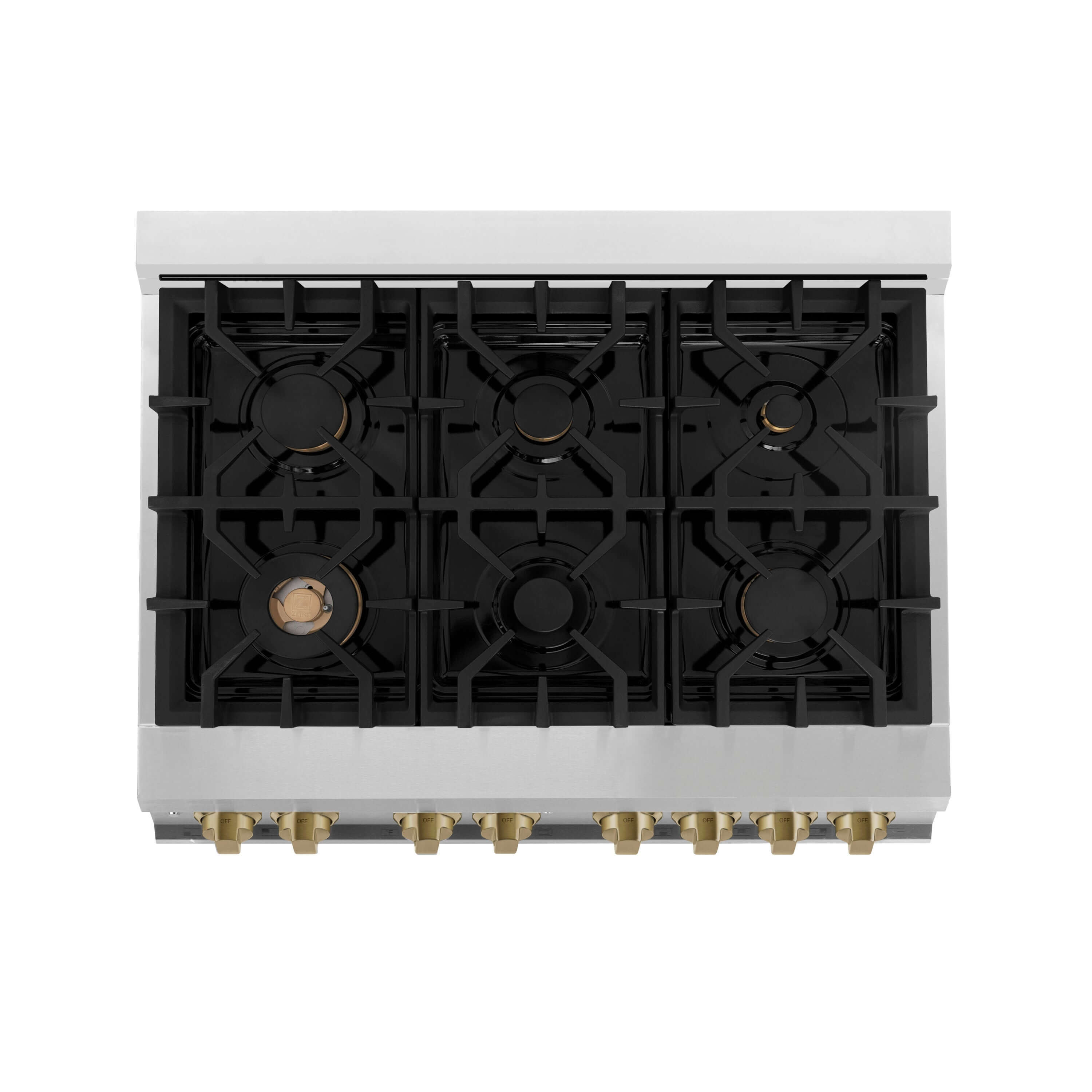 ZLINE 36" Autograph Edition range from above showing 6-burner cooktop with brass burners and black porcelain top.